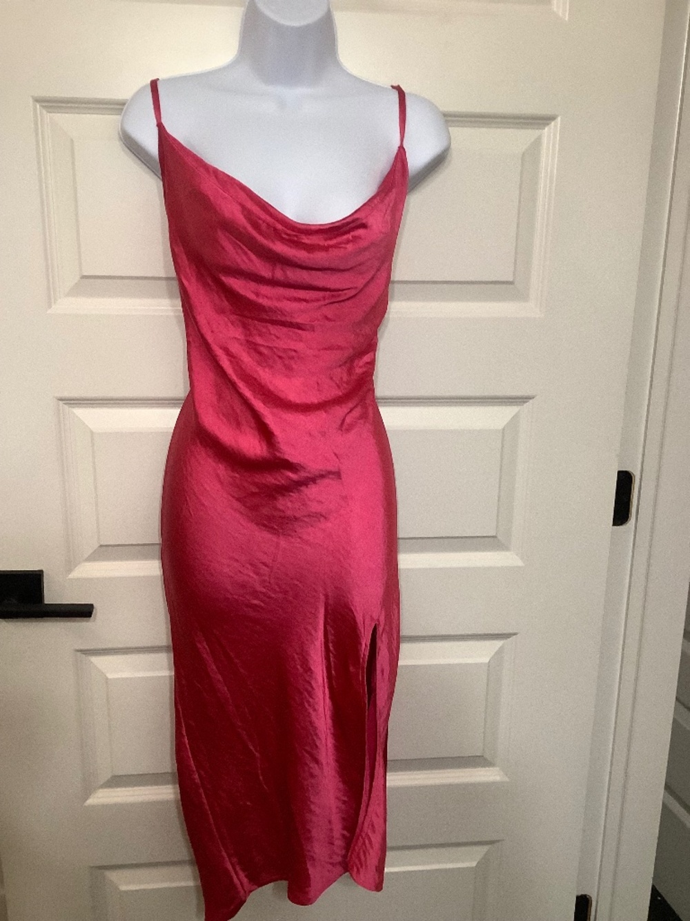 Burgundy satin midi slip dress